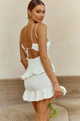 Moment Of Truth String-Tie Ruffle Trim Mini Dress White