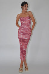 Logan Strapless Ruched Midi Dress Print Wine