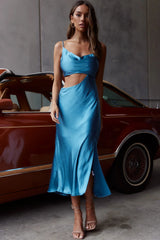 Sicily Asymmetrical Cowl Neckline Midi Dress Blue