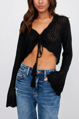 Moon Phase Long Sleeve Crochet Top Black