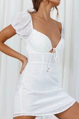 In My Dreams Puff Sleeve String Tie Bust Textured Floral Dress White