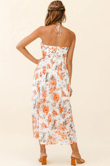 Los Feliz Tied Bust Halterneck Midi Dress Floral Print Orange