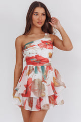 Raelene One-Shoulder Ruffle Romper Floral Red