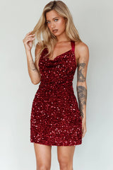 Star Lights Halterneck Mini Dress Sequin Merlot