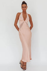 Kasi Sheer Panel Halter Maxi Dress Rose