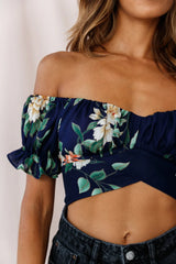 Linka Off-Shoulder Tie-Back Crop Top Floral Print Navy