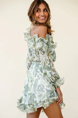 Rhiannon Off-Shoulder Lettuce Frill Dress Floral Print White