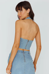 Zurich Halter Crop Top Denim Blue