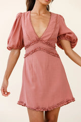 Meant To Be Puff Sleeve Frill Detail Dress Brown