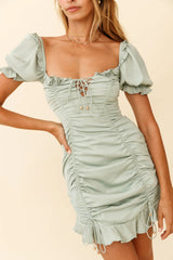 La Quinta Lace-Up Bust Drawstring Detail Dress Pistachio