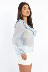 Blue Poet's Top V Neck Long Sleeve Frilled