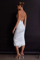 Miami Nights Cowl Neckline Twist Feature Midi Dress Sequin Silver