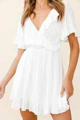 Malika Angel Sleeve Ruffle Trim Dress White