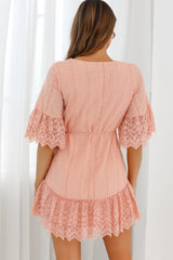 Karissa Lace Trim Waist Tie Tunic Dress Blush
