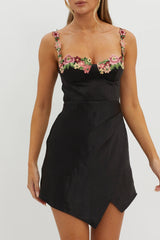 Rose Garden Floral Applique Wrap Mini Dress Black