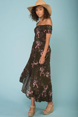Summer Picnic Floral Print High Low Midi Dress Khaki