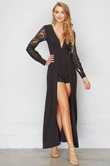 Vana Lacey Crochet Maxi Romper Black