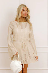 Oceanside Dreaming Pointelle Knit Mini Dress in Oatmeal