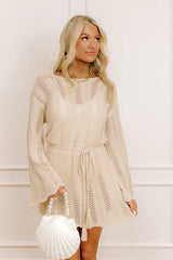 Oceanside Dreaming Pointelle Knit Mini Dress in Oatmeal