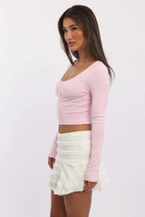 Pink Top Short Sleeve Scoop Neck Long Sleeve