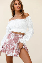 Robyn Flounce Mini Skirt Leaf Pattern White