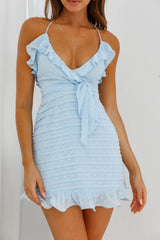 Kinsey Pleated Detail Frill Trim Dress Baby Blue