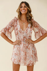 Zora Button Bodice Fluted Sleeve Dress Paisley Print Rust