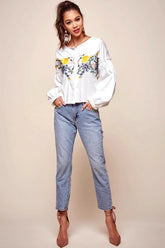 Olivia Floral Embroidered Cinched Wrist Shirt White