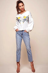 Olivia Floral Embroidered Cinched Wrist Shirt White