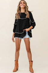 Marionette Three-Quarter Sleeve Pom-Pom Top Black