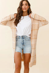 Moon Shine Fuzzy Knit Long Cardigan Striped Beige