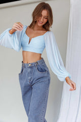 Tanner Long Sleeve Ruched Crop Top Steel Blue