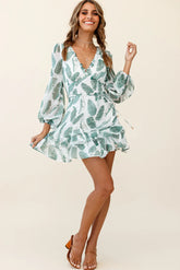 Tozzi Long Balloon Sleeve V-Neckline Dress Feather Print White