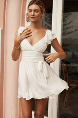 Lola Ruffle Shoulder Ruched Dress White