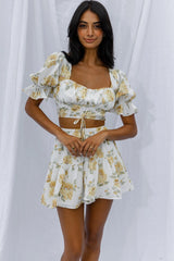 Lilibet Puff Sleeve Drawstring Crop Top Floral White