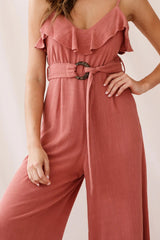 Mason Ruffle Neckline Wooden Buckle Belt Jumpsuit Rose