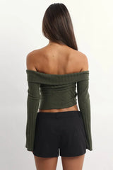 Green Off Shoulder Top Long Sleeve Ruched