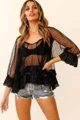 Kiana Adjustable Neckline Tie Hail Spot Mesh Top Black