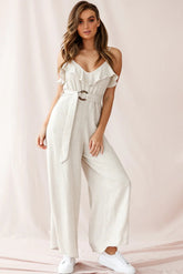 Mason Ruffle Neckline Wooden Buckle Belt Jumpsuit Natural