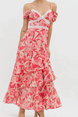 Seina Off-Shoulder Crochet Trim Dress Print Red