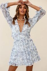 Laney Cutout Back Ruffle Trim Dress Leaves Print White