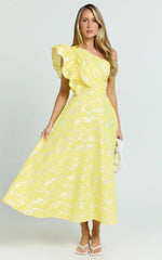 Alfreda Midi Dress One Shoulder Ruffle Detail Brailey Jacquard Dress in Yellow
