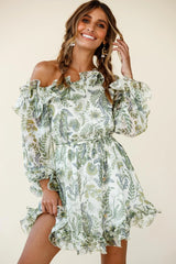 Rhiannon Off-Shoulder Lettuce Frill Dress Floral Print White