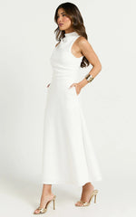 Macy Midi Dress High Neck A Line Dress in Off White