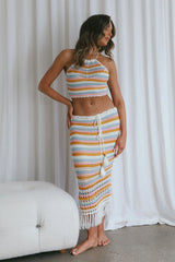 Soul Sister Fringe Hem Crochet Midi Skirt Blush