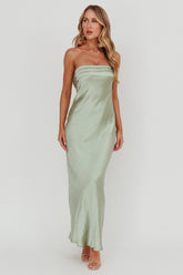 Kona Strapless Pleated Bust Satin Maxi Dress Sage