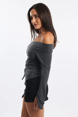 Grey Off Shoulder Top Long Sleeve Ruched