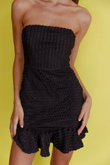 Zoey Lace Overlay Strapless Flounce Hem Mini Dress Black