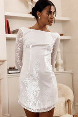 Karma Long Sleeve Keyhole Back Sequin Dress White