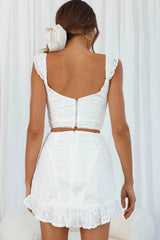 Quincy Flounce Hem Floral Embroidery Mini Skirt White